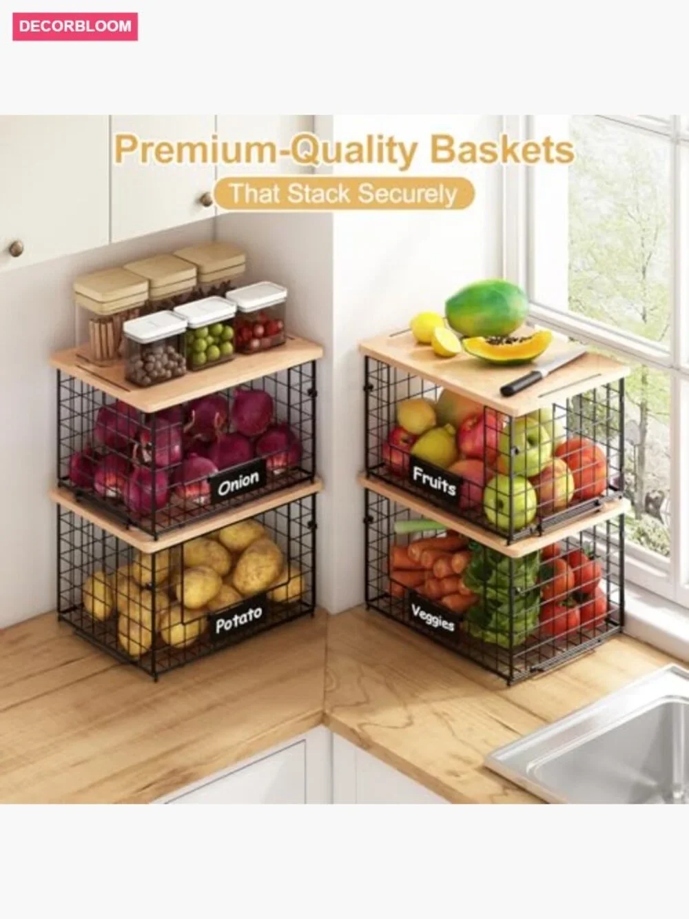 2-Pack Stackable Wire Baskets with Bamboo Top - Kitchen Storage Organizers